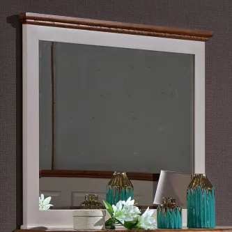 Espelho 17 bicolor com moldura branca e friso superior em madeira, vasos verdes e flores