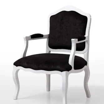 Cadeirão Império em madeira branca com estofado preto clássico