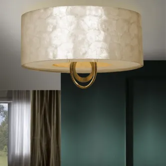 Candeeiro de teto Eden com cúpula pérola texturada e anéis dourados