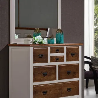 Cômoda e espelho bicolor branco e madeira com puxadores metálicos