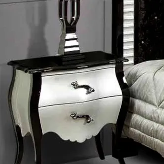 Mesa de cabeceira Gaudi branco com moldura em madeira escura, duas gavetas e puxadores