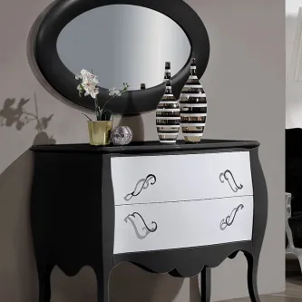 Cómoda preta e branca com duas gavetas ornamentadas e espelho oval preto