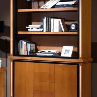 Estante Safira em madeira com prateleiras e livros, armário inferior com portas