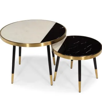 Mesas mãe glamour redondas com tampo branco e preto tipo mármore e pés negros com biqueira dourada