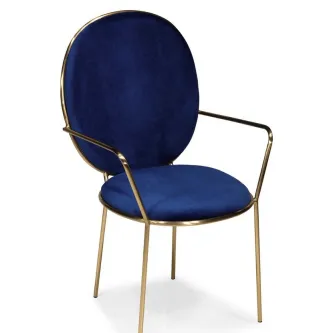 Cadeira azul royal estofada com estrutura metálica dourada e braços