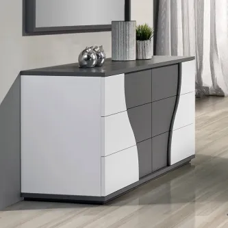 Cómoda Luka branca e cinzenta com tampo escuro e frente de gavetas curva