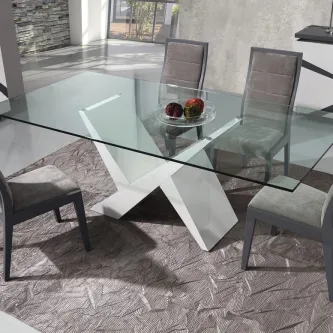 Mesa de vidro Dama com base branca em X e tampo transparente