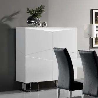 Movel bar blanco lacado branco com portas geométricas e pés cromados