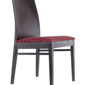 Cadeira Nelly com assento estofado vermelho e estrutura de madeira escura