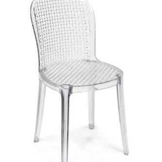Cadeira AM transparente com padrão entrelaçado no assento e encosto