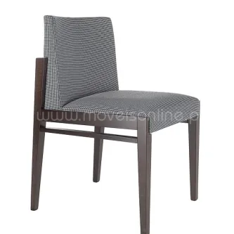 Cadeira Serena estofada cinzenta com padrão riscado e estrutura em madeira escura