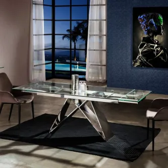 Mesa de vidro Mika com tampo rectangular e base metálica em X