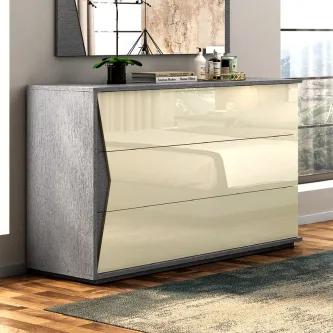 Cómoda Espiga cinzenta com frentes lacadas creme e três gavetas