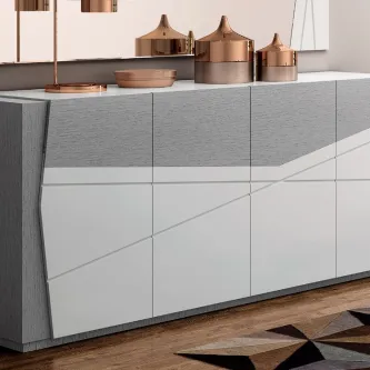Aparador Light cinzento e branco com padrão geométrico e objectos decorativos cobre