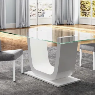 Mesa de jantar miroir com tampo de vidro e base branca em U