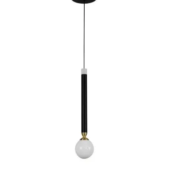 Candeeiro de teto Cayo 1L pendente com haste preta, detalhe dourado e globo branco