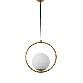 Candeeiro de teto Obitar Round com anel dourado e globo de vidro opalino suspenso