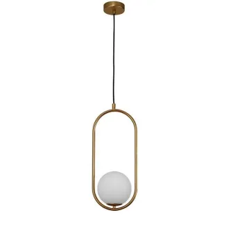 Candeeiro de teto Obitar Oval dourado com estrutura oval metálica e esfera de vidro branco