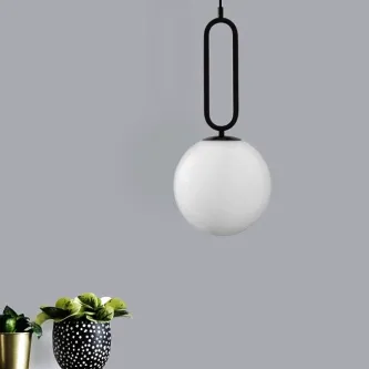 Candeeiro de teto Grus Black com cúpula esférica branca e suporte preto suspenso
