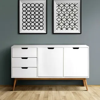 Aparador Baku branco com gavetas e portas sobre pés de madeira