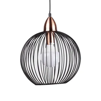 Candeeiro de teto Tibi com gaiola esférica de arame preto, casquilho cobre e lâmpada visível