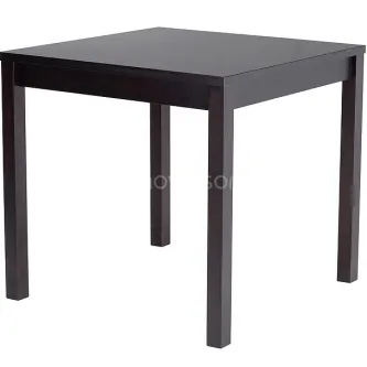 Mesa restaurante quadrada em madeira escura com tampo liso e 4 pernas retas