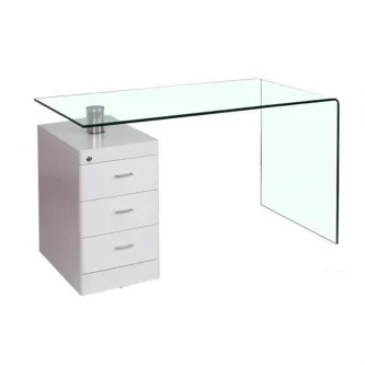 Secretária Artemisa com tampo de vidro transparente e pedestal branco de quatro gavetas