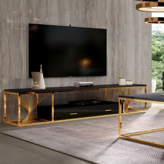 Móvel tv cyclone dourado com tampo negro e TV montada