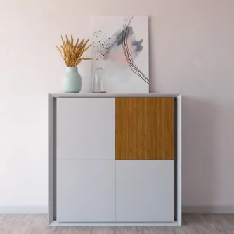 Móvel bar Tejo branco com porta de madeira e decoração minimalista no topo