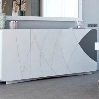 Aparador Guadiana branco com linhas curvas e detalhe semicircular cinzento