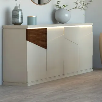 Aparador branco moderno com painéis geométricos, inserto em madeira e luz LED