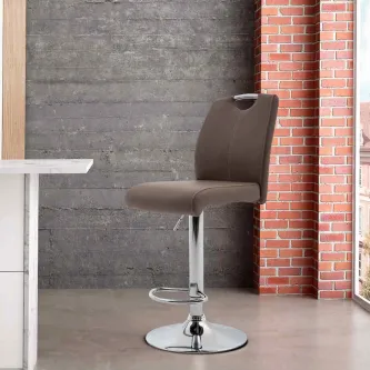 Banco de bar premium estofado castanho com base cromada, apoio para os pés e regulável