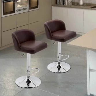 Banco de bar Tadeo, assento e encosto castanhos, base cromada regulável