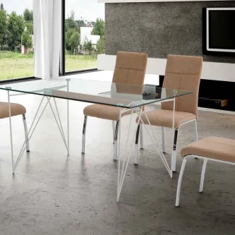 Mesa de vidro bucle com tampo rectangular e pernas brancas em loop, cadeiras bege