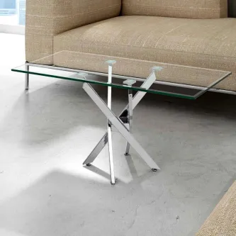 Mesa de centro Tutti com tampo de vidro retangular e base metálica cruzada