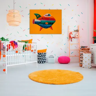 Quadro de avião 2 com avião colorido sobre fundo laranja pendurado em quarto juvenil