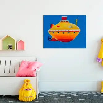 Quadro subaquático com submarino amarelo e laranja sobre fundo azul