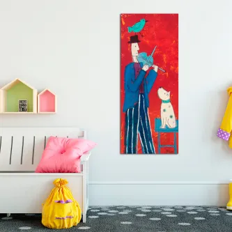 Homem a tocar violino para cão sentado, pintura colorida com fundo vermelho