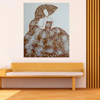 Menina estilizada de vestido castanho com padrão floral a ler num quadro