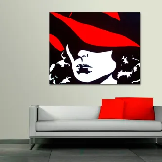 Quadro com mulher estilizada em preto e branco e chapéu vermelho