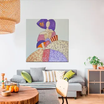 Quadro de senhora em pintura estilizada com vestido e padrões coloridos