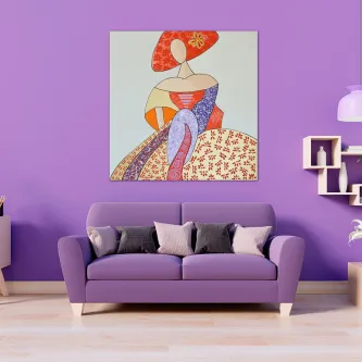 Mulher estilizada com vestido colorido e chapéu, ilustração moderna num quadro.