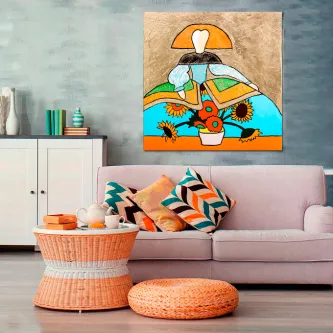 Pintura de menina estilo Van Gogh com vaso de girassóis pendurada sobre sofá