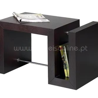 Mesa de centro S horizontal em madeira escura com prateleira em S e suporte metálico