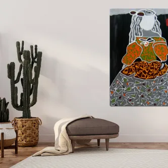 Quadro de menina com pintura verde pendurado numa sala minimalista