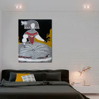 Menina estilizada a pintar uma saia num quadro moderno