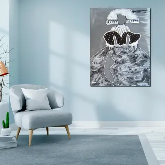 Pintura moderna de menina em tons de cinzento com guarda-chuva e colina abstrata