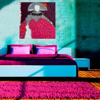 Quadro com figura de saia fúcsia pendurado sobre cama turquesa com roupa rosa