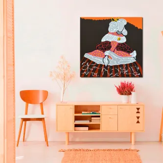 Menina estilizada a pintar uma flor em quadro colorido na parede
