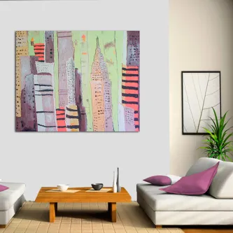 Quadro traços de pintura de Nova York com silhueta de arranha-céus, pendurado acima de sofá